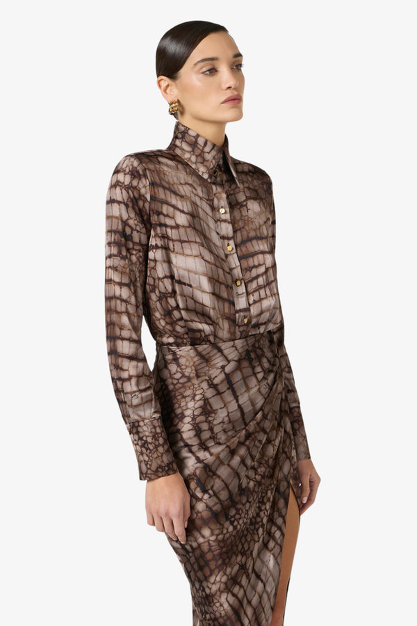 elisabetta franchi Vestito In Raso Stretch Con Stampa Alligatore Marrone Donna, foto 2