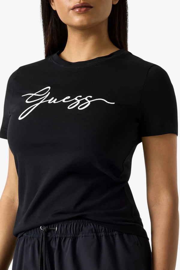 guess T-Shirt Maniche Corte Logo Corsivo Ricamato Circe Nero Donna, foto 2