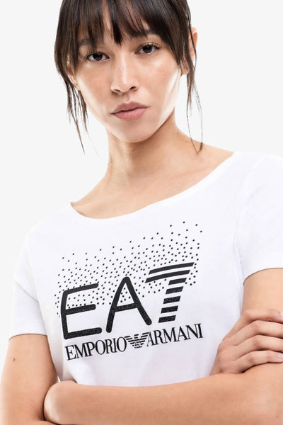 emporio armani ea7 T-Shirt Maniche Corte Logo Series Con Glitter E Borchie Bianco Donna, foto 2