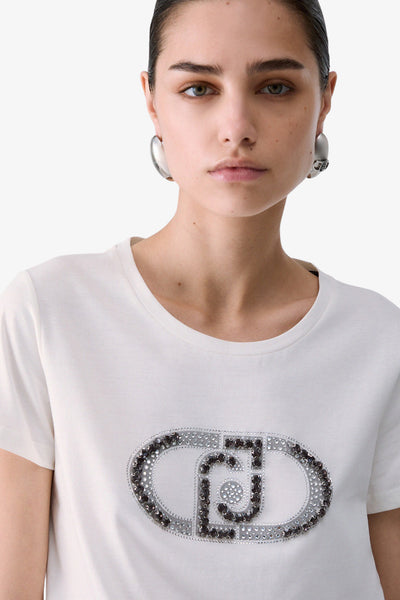 liu jo T-Shirt Maniche Corte Logo Stampato Con Applicazioni Bianco Donna, foto 2