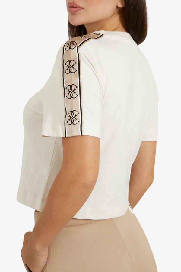 guess T-Shirt Corta Bande Logo Britney Bianco Donna, foto 2