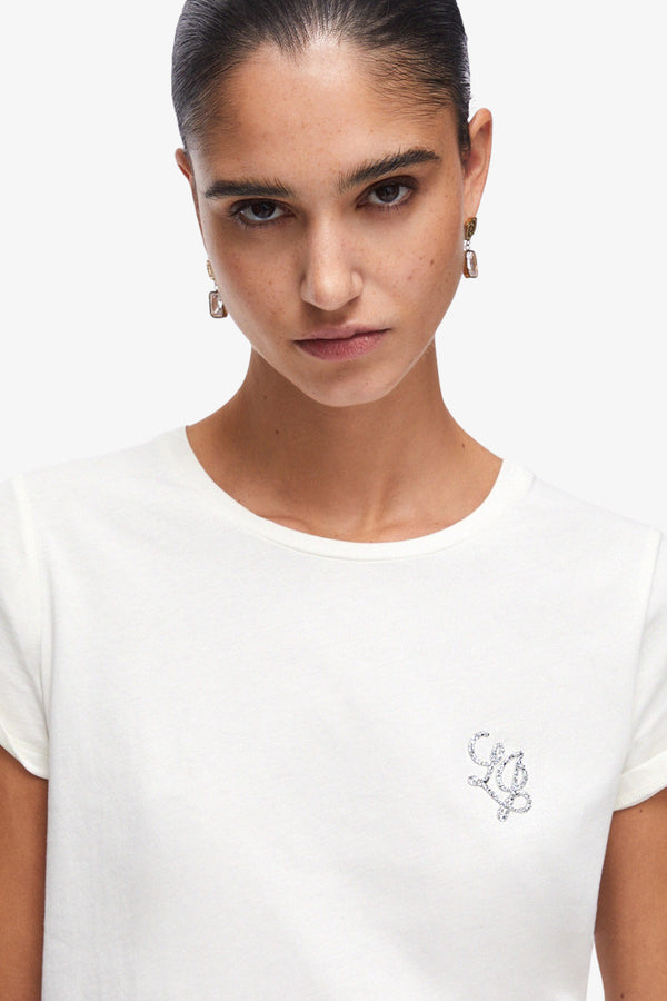 liu jo T-Shirt Maniche Corte Con Strass Bianco Donna, foto 2