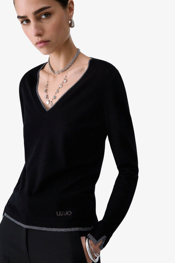 liu jo Maglione Leggero Profili Lurex Scollo A V Nero Donna, foto 2
