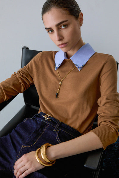 liu jo Maglione Girocollo Leggero Collo Camicia Staccabile Marrone Donna, foto 2