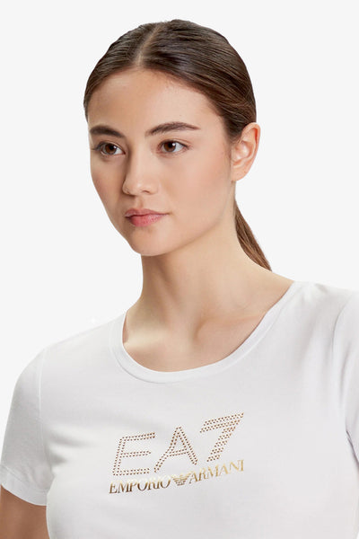 emporio armani ea7 T-Shirt Maniche Corte Big Logo Series Con Borchiette Bianco Donna, foto 2