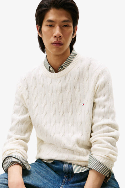 tommy hilfiger Maglione Girocollo In Lana Intrecciata Con Logo Bandierina Ricamato Bianco Uomo, foto 2