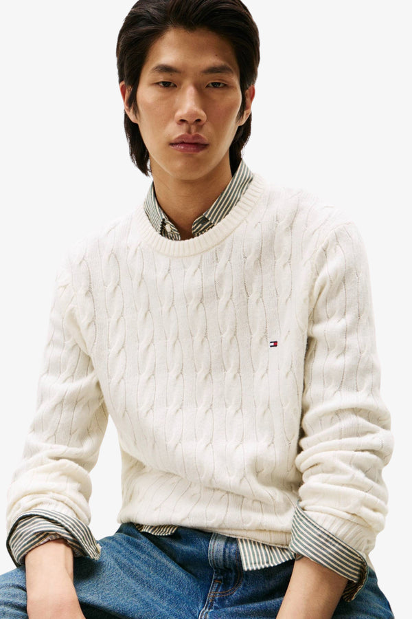 tommy hilfiger Maglione Girocollo In Lana Intrecciata Con Logo Bandierina Ricamato Bianco Uomo, foto 2