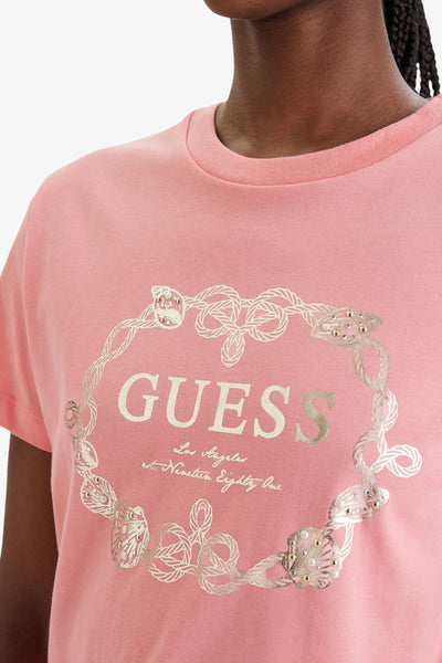 guess T-Shirt Maniche Corte Logo Stampa Metal Rosa Donna, foto 2