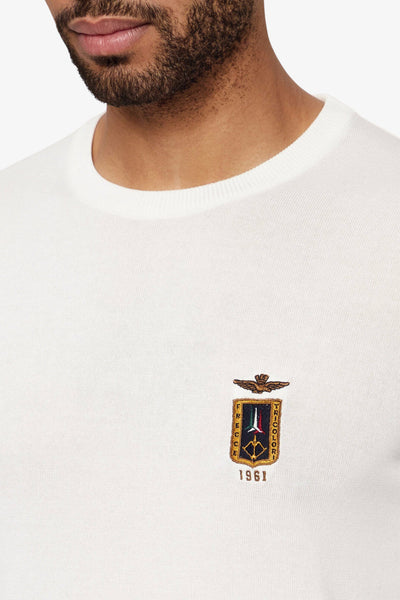 aeronautica militare Maglione Leggero Girocollo In Cotone Piccolo Stemma Frecce Tricolori Ricamato Bianco Uomo, foto 2