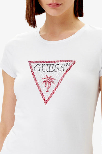 guess T-Shirt Maniche Corte Logo Strass Triangle Rhinestones Bianco Donna, foto 2