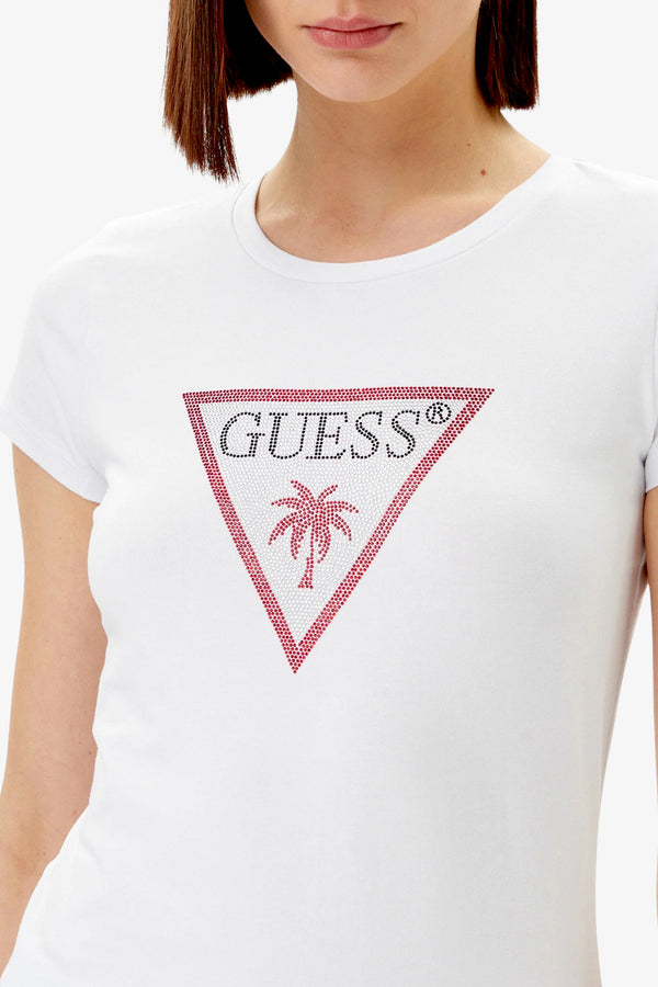 guess T-Shirt Maniche Corte Logo Strass Triangle Rhinestones Bianco Donna, foto 2