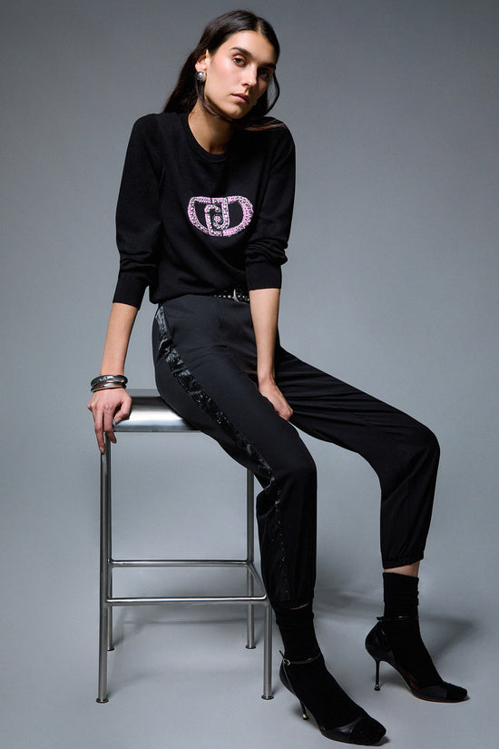  Pantaloni Con Bande Logo Strass E Raso-liu jo-Nero-Special_-Tf6267 t700a 22222-2  
