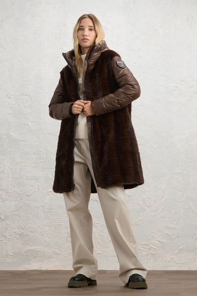blauer Piumino Lungo Full Zip Con Cappuccio E Dettagli In Eco Pelliccia Aspen Marrone Donna, foto 2