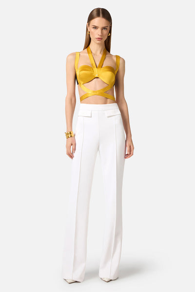 elisabetta franchi Pantaloni In Doppio Crepe Stretch Con Logo Ricamato Bianco Donna, foto 2