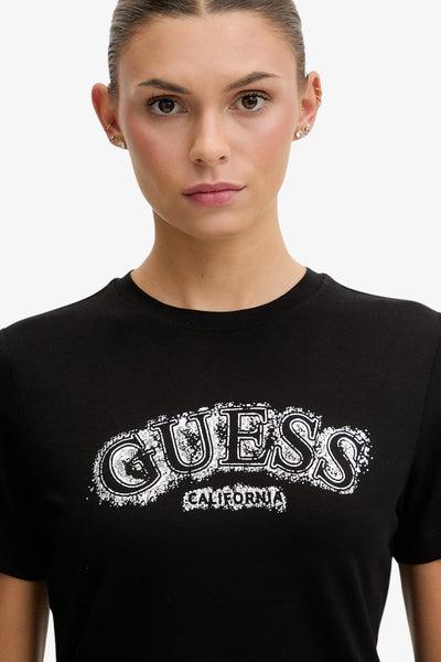 guess T-Shirt Maniche Corte Logo Metal Leona Nero Donna, foto 2