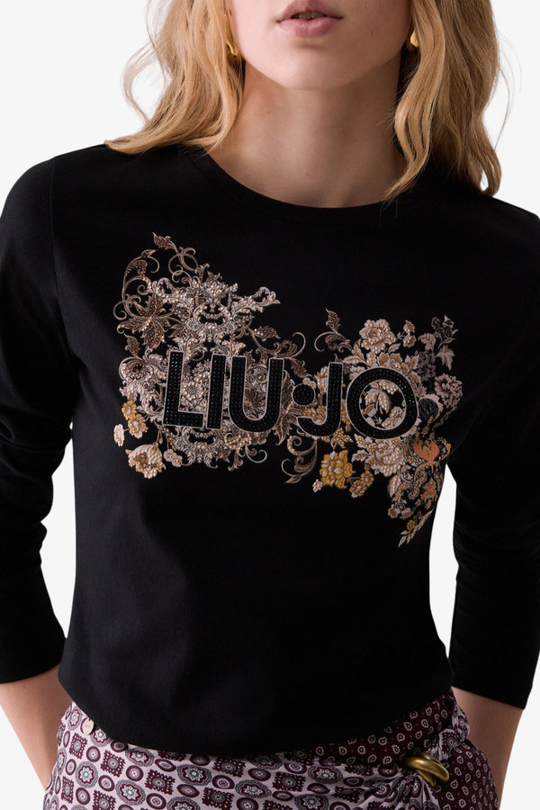 liu jo T-Shirt Maniche Lunghe Con Stampa E Strass Nero Donna, foto 2