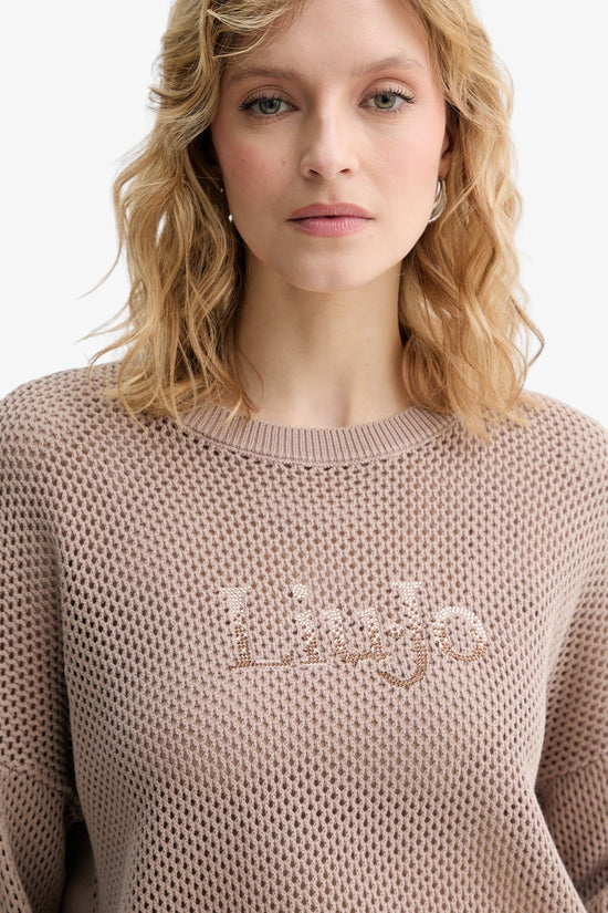  Maglione In Cotone Con Lavorazione Traforata Frontale E Logo Strass liu jo 