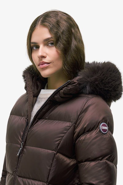 colmar Piumino Lungo Full Zip Con Cappuccio Con Pelliccia Sintetica Marrone Donna, foto 2