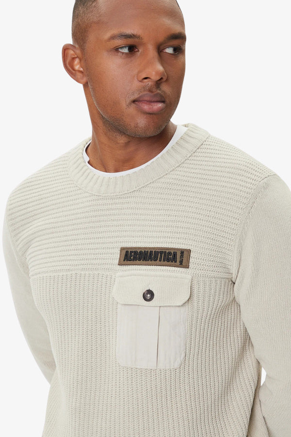 aeronautica militare Maglione Girocollo Ciniglia Con Taschino Beige Uomo, foto 2