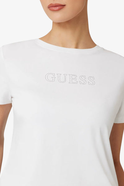 guess T-Shirt Maniche Corte Logo Strass Kiara Bianco Donna, foto 2
