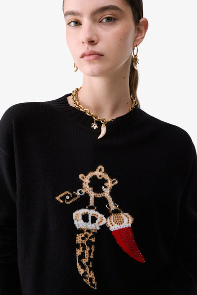 liu jo Maglione Girocollo Jacquard In Lana Con Charm Nero Donna, foto 2