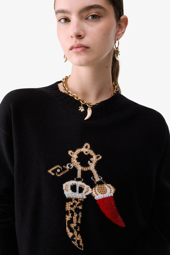  Maglione Girocollo Jacquard In Lana Con Charm-liu jo-Nero-Special_-Wf6457 ms009 l9457-2  