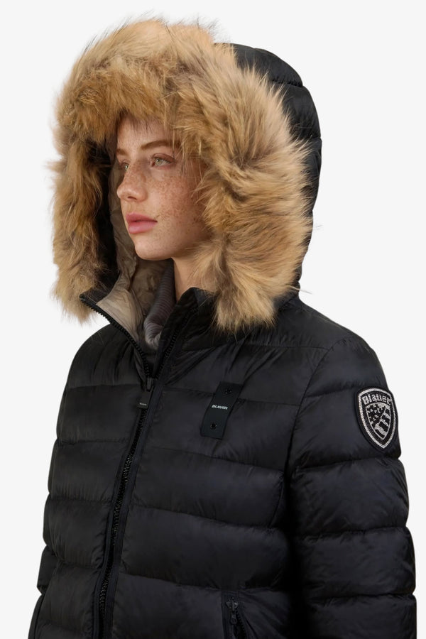 blauer Piumino Lungo Full Zip Con Cappuccio Bordo Pelliccia Kristin Nero Donna, foto 2