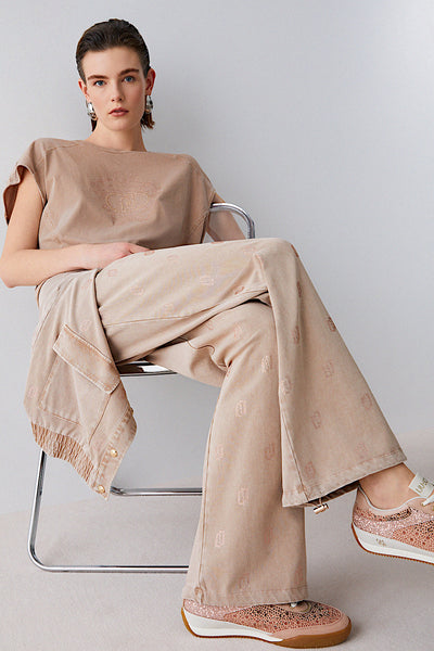 liu jo Pantaloni In Jersey Délavé Con Strass Beige Donna, foto 2