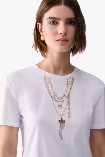 liu jo T-Shirt Maniche Corte Con Stampa E Catenine Bianco Donna, foto 2