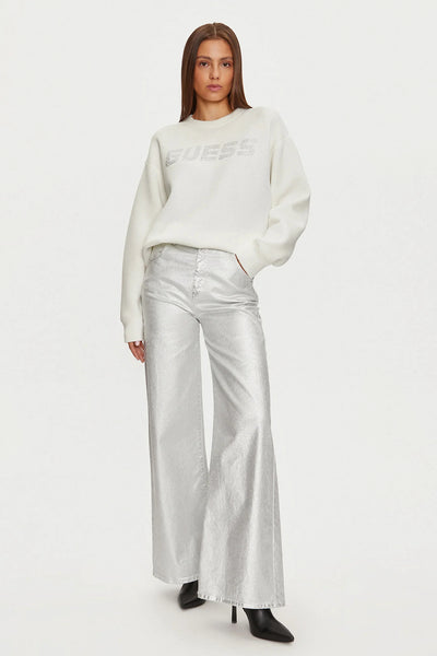 guess Felpa Girocollo Scuba Logo Strass Cecilia Bianco Donna, foto 2