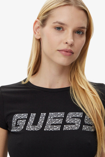 guess T-Shirt Maniche Corte Logo Strass Kiara Nero Donna, foto 2
