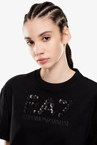 emporio armani ea7 T-Shirt Maniche Corte Logo Series Con Paillettes Nero Donna, foto 2