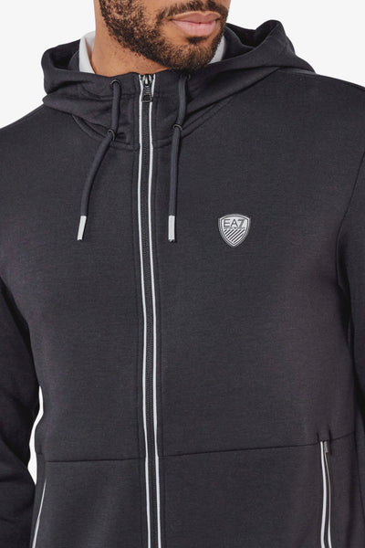 emporio armani ea7 Felpa Full Zip Con Cappuccio Premium Shield In Misto Viscosa Stretch Grigio Uomo, foto 3