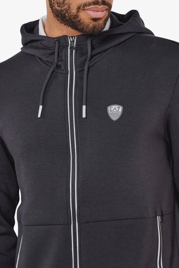 emporio armani ea7 Felpa Full Zip Con Cappuccio Premium Shield In Misto Viscosa Stretch Grigio Uomo, foto 3