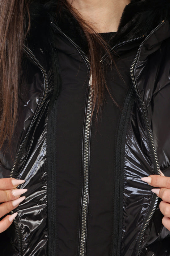  Piumino Lungo Full Zip Con Doppio Cappuccio Removibile Bordo Eco Pelliccia-yes zee-Nero-Donna-O015/q300 0801-3  