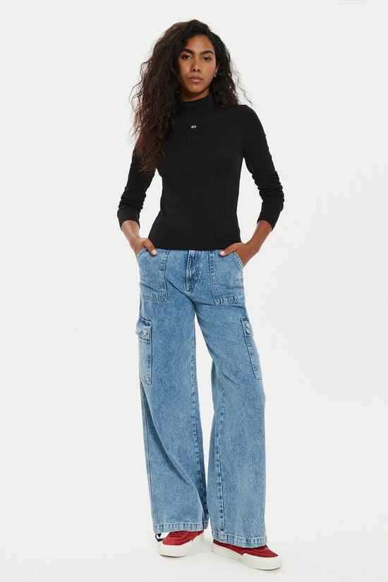  T-Shirt Maniche Lunge Collo Lupetto Con Logo Bandierina Ricamata-tommy jeans-Nero-Donna-Dw0dw19830 bds-3  