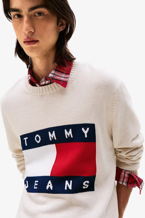  Maglione Girocollo Mélange Con Bandiera A Intarsio-tommy jeans-Beige-Uomo-Dm0dm22105 afn-3  