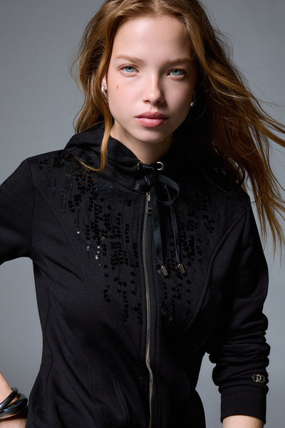 liu jo Felpa Full Zip Con Cappuccio E Paillettes Nero Donna, foto 3