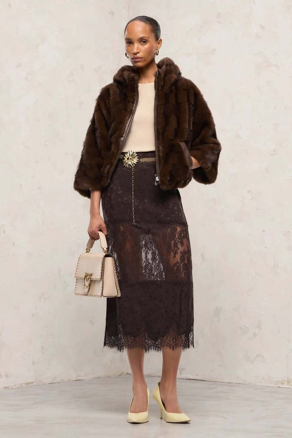 pinko Giacca Full Zip Con Cappuccio In Eco Pelliccia Cadetia Marrone Donna, foto 3