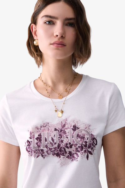 liu jo T-Shirt Maniche Corte Con Stampa E Strass Bianco Donna, foto 3