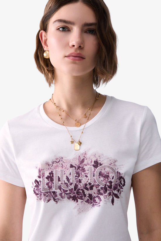  T-Shirt Maniche Corte Con Stampa E Strass-liu jo-Bianco-Special_-Wf6346 js923 l.9466-3  