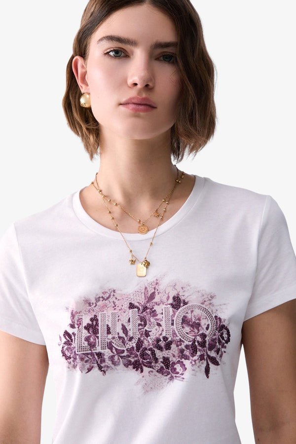liu jo T-Shirt Maniche Corte Con Stampa E Strass Bianco Donna, foto 3