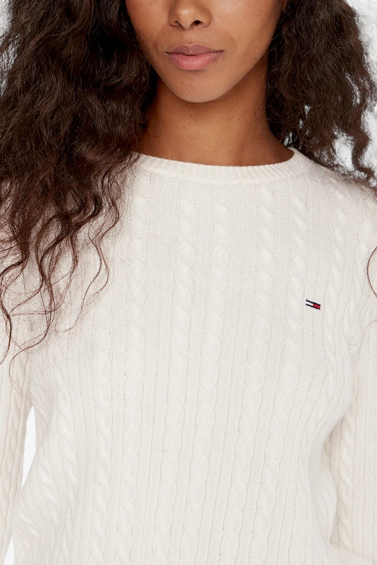  Maglione Girocollo Slim Fit In Maglia Intecciata Con Logo Bandierina Ricamato-tommy jeans-Bianco-Donna-Dw0dw22165 ybh-3  