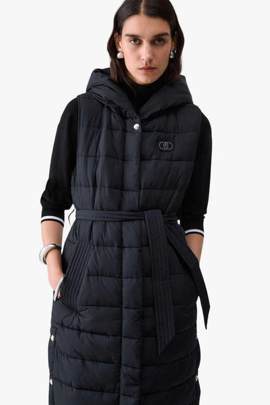  Gilet Lungo Full Zip Con Cappuccio E Cintura-liu jo-Nero-Special_-Tf6026 ts72a 22222-3  