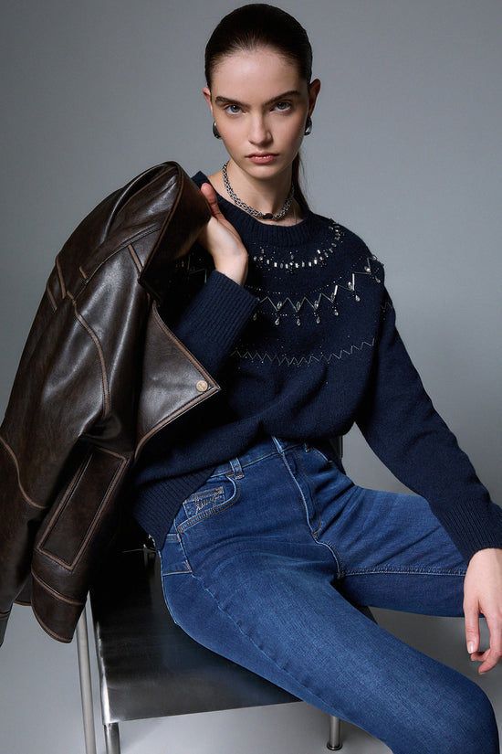  Maglione Girocollo In Lana Con Ricami Gioiello-liu jo-Blu-Special_-Wf6371 ms009 l9528-3  