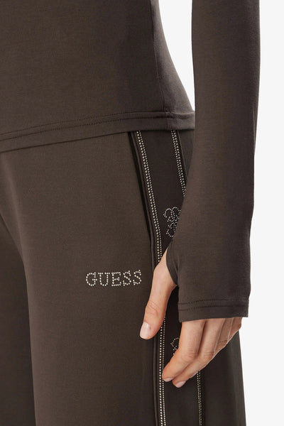 guess T-Shirt Maniche Lunghe Con Collo Alto Greta Marrone Donna, foto 3