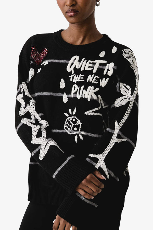 pinko Maglione Girocollo In Lana Merino Quiet Is The New Punk Nero Donna, foto 3