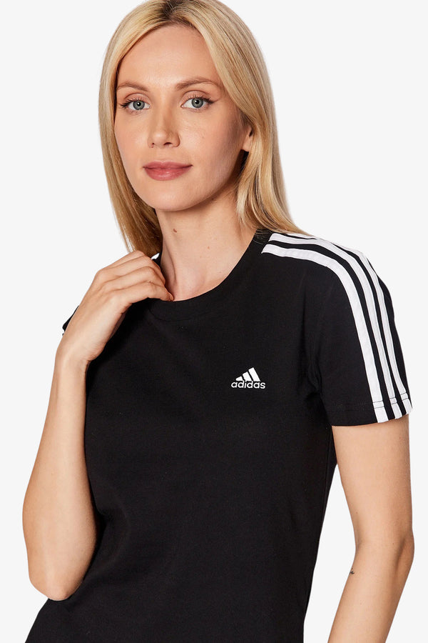 adidas performance T-Shirt Maniche Corte Loungewear Essential Slim 3-Stripes Nero Donna, foto 3