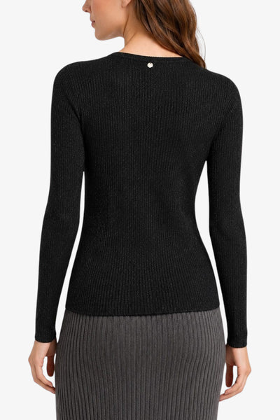 liu jo Maglia Maniche Lunghe Scollo a V In Lurex a Coste Nero Donna, foto 3