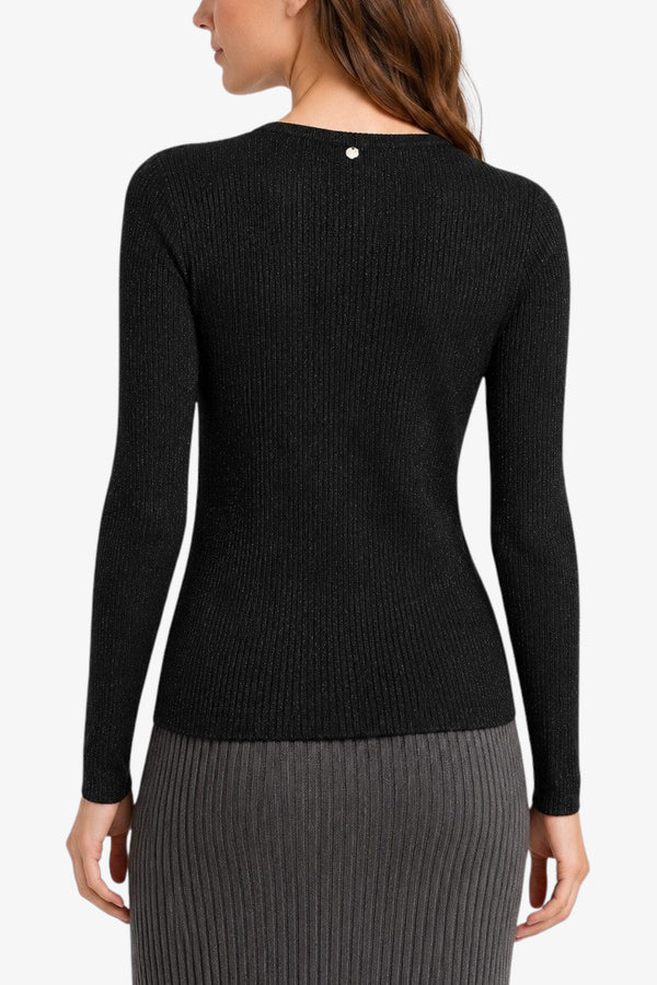liu jo Maglia Maniche Lunghe Scollo a V In Lurex a Coste Nero Donna, foto 3